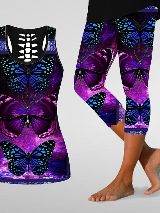 21Grams Women's Workout Sets 2 Piece Butterfly Tank Top Capri Leggings Clothing Suit Black Golden Yoga Fitness Gym Workout Tummy Control Butt Lift Breathable Sleeveless Sport Activewear Stretchy