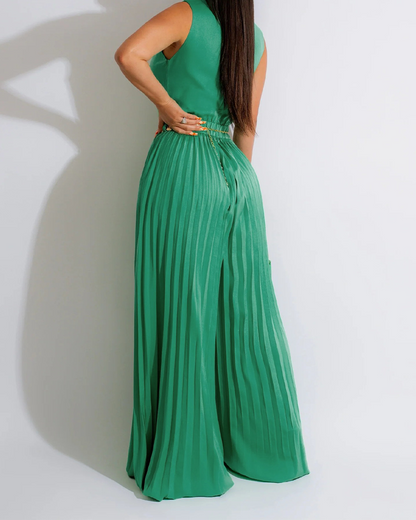 V-Neck Waist Pleated Loose Jumpsuit