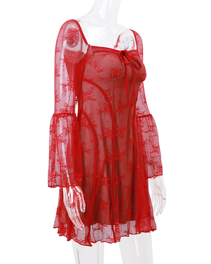 Lace-Up Lace Long-Sleeved Dress
