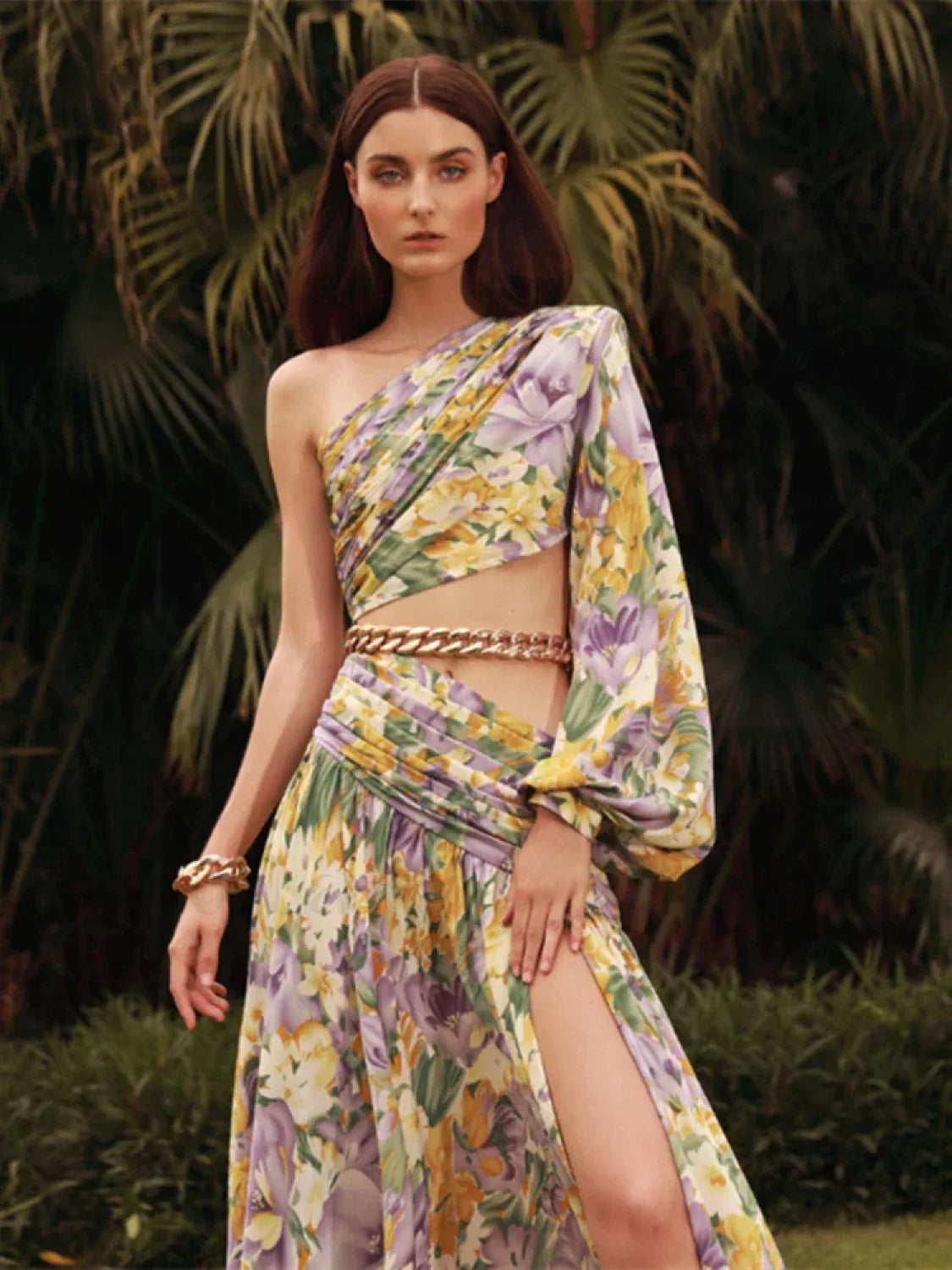 Slanted Chain Shoulder Floral Dress