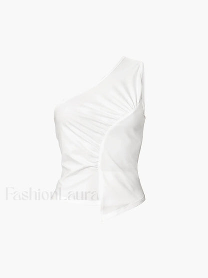 Sleeveless One Shoulder Trendy Ruched Plain Top