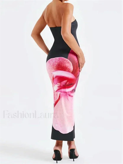 Sleeveless Strapless Bodycon Flower Print Midi Floral Dress