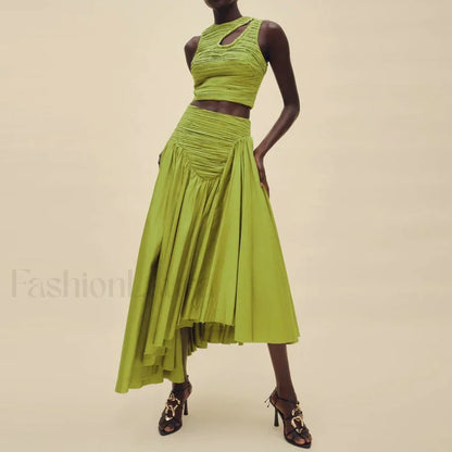 Slim Hollow Pleated Skirt Two Piece Set