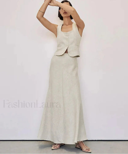 Slim Khaki Linen Tank Skirt Two Piece Set