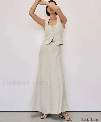 Slim Khaki Linen Tank Skirt Two Piece Set