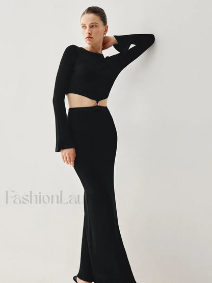 Slinky Long Sleeve Knit Modern Two Piece Slit Skirt Set