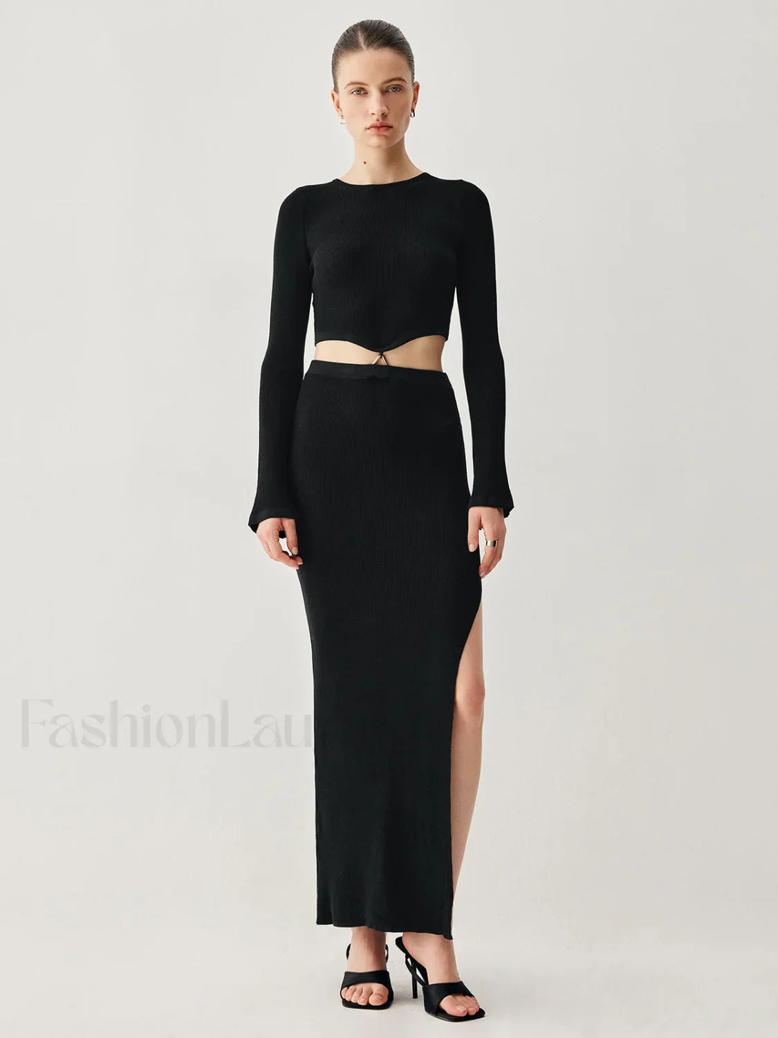 Slinky Long Sleeve Knit Modern Two Piece Slit Skirt Set