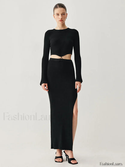 Slinky Long Sleeve Knit Modern Two Piece Slit Skirt Set