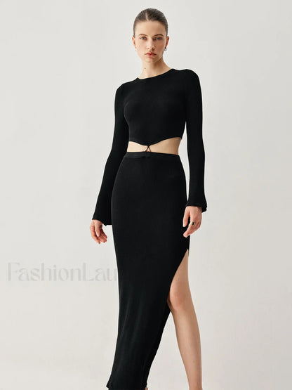 Slinky Long Sleeve Knit Modern Two Piece Slit Skirt Set