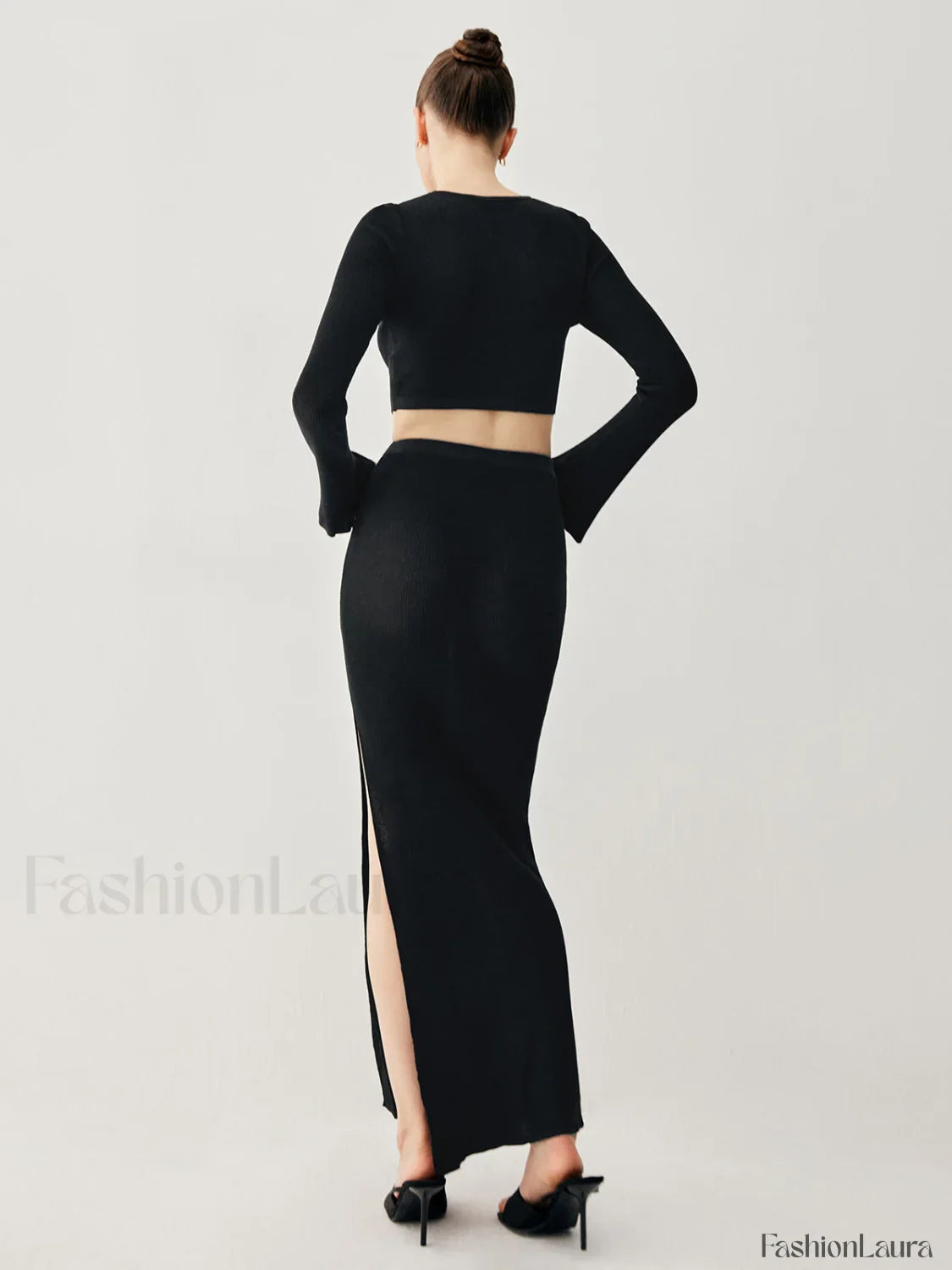 Slinky Long Sleeve Knit Modern Two Piece Slit Skirt Set