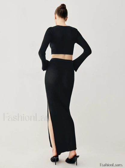 Slinky Long Sleeve Knit Modern Two Piece Slit Skirt Set