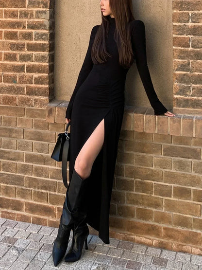Slit Pleated Long Sleeve Modern Bodycon Mock Neck Long Dress