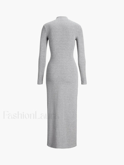 Slit Pleated Long Sleeve Modern Bodycon Mock Neck Long Dress