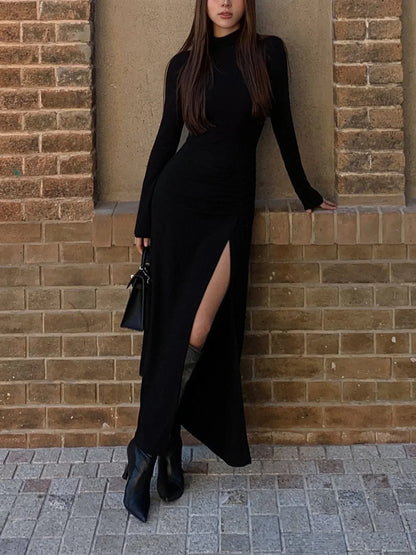Slit Pleated Long Sleeve Modern Bodycon Mock Neck Long Dress