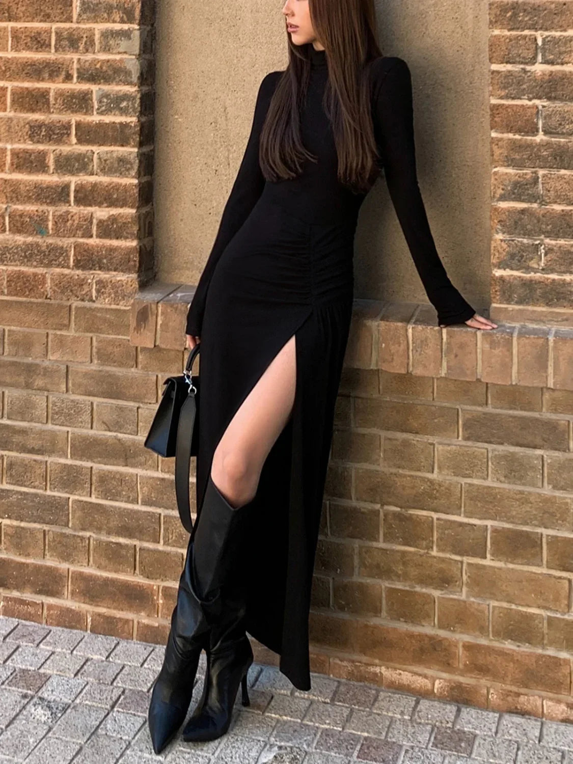 Slit Pleated Long Sleeve Modern Bodycon Mock Neck Long Dress