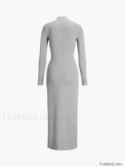 Slit Pleated Long Sleeve Modern Bodycon Mock Neck Long Dress