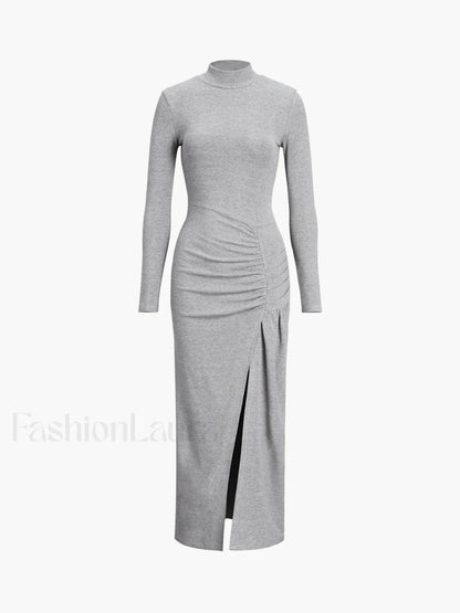 Slit Pleated Long Sleeve Modern Bodycon Mock Neck Long Dress