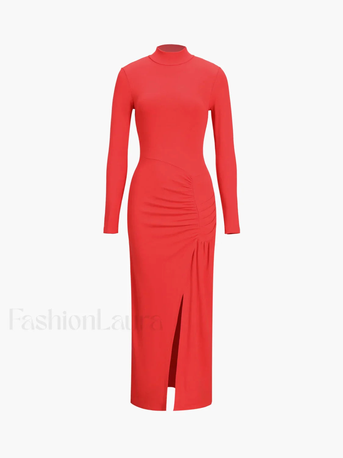 Slit Pleated Long Sleeve Modern Bodycon Mock Neck Long Dress
