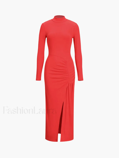 Slit Pleated Long Sleeve Modern Bodycon Mock Neck Long Dress