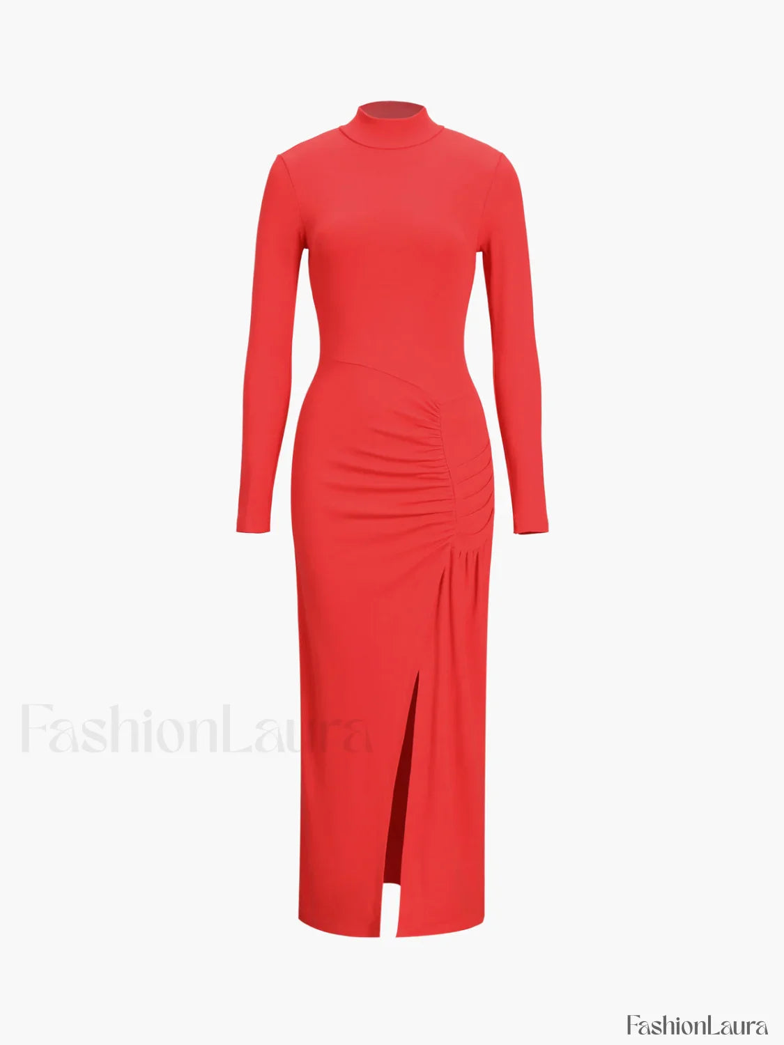 Slit Pleated Long Sleeve Modern Bodycon Mock Neck Long Dress