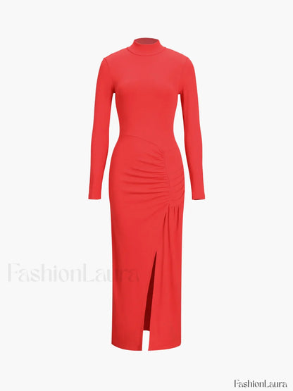 Slit Pleated Long Sleeve Modern Bodycon Mock Neck Long Dress