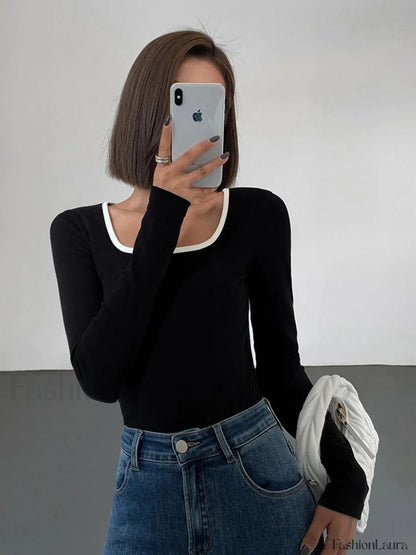 Sliver Lining Contrast Neckline Long Sleeve Top