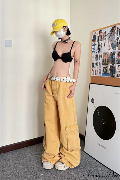 Slouchy Loose Straight Leg Cargo Denim Pants