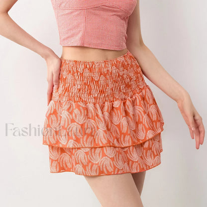 Smocked Flower Print A-Line Skirt