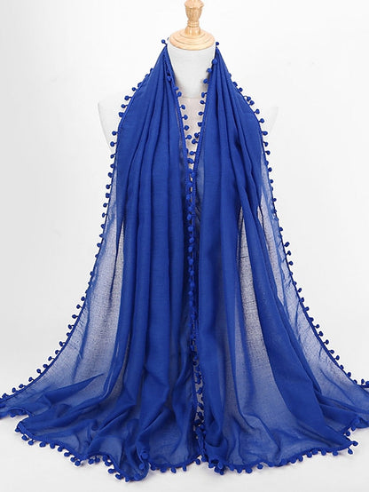 Plain Soft with small Pom Pom Ball Viscose Shawl Scarf Lady High Quality Wrap Muslim Hijab 180*80Cm for Women