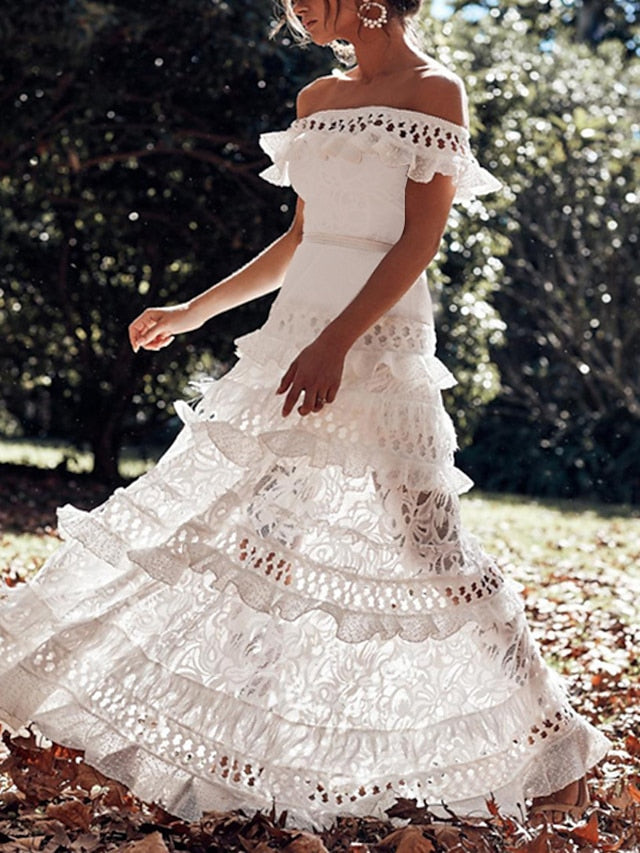 A Line Dress Maxi long Dress White Black Short Sleeve Solid Color Ruffle Spring Summer Off Shoulder Party Hot Romantic  S M L XL for Women