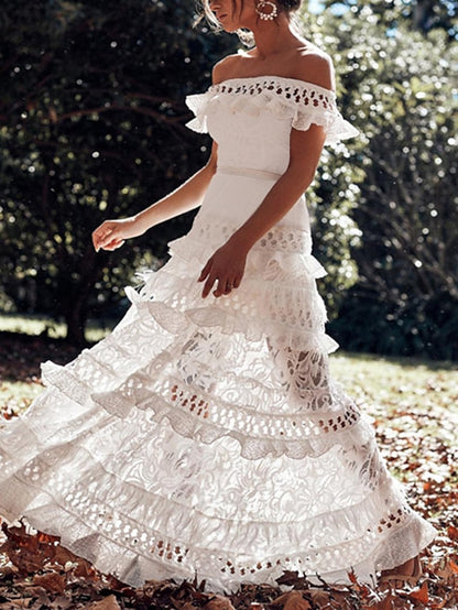 A Line Dress Maxi long Dress White Black Short Sleeve Solid Color Ruffle Spring Summer Off Shoulder Party Hot Romantic  S M L XL for Women