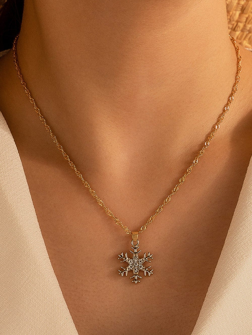 Snowflake Sparkle Gold Rhinestone Christmas Necklace
