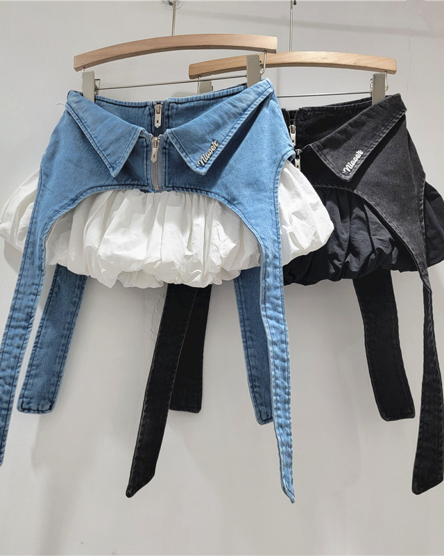 Fake Two-Piece Denim Patchwork A-Line Skirt