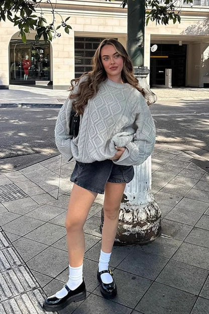 Solid 3D Chunky Cable Argyle Crewneck Loose Sweater