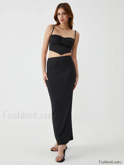 Solid Backless Graceful Two-Piece Skirt Set