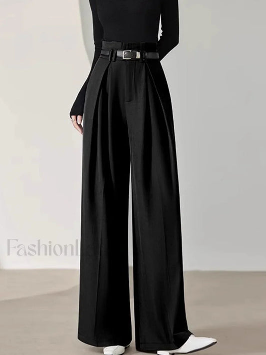 Solid Belted Pleated Trendy Wide Leg Pants