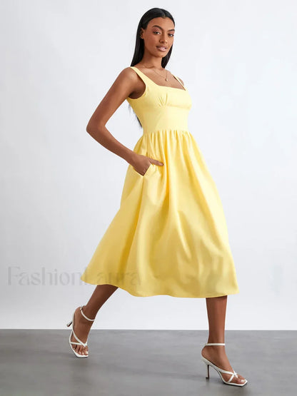 Solid Cami High-Waist Midi Dress