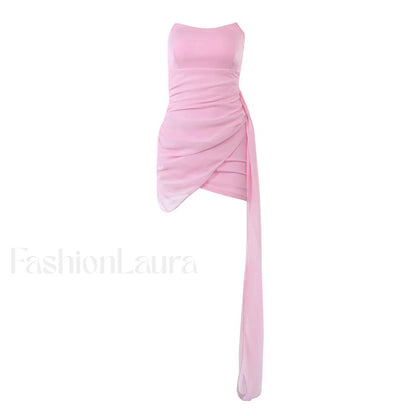 Solid Color Ruched Wrap Trim Strapless Bodycon Party Mini Dress - Pink