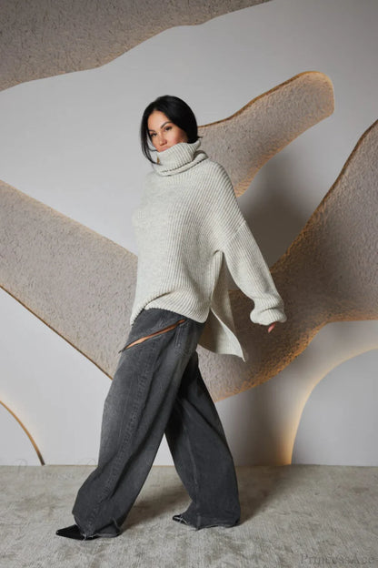Solid Color Simple Turtleneck Pullover Mid length Knit Sweater
