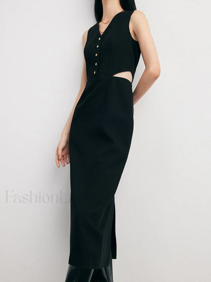 Solid Cut Out Trendy Buttoned Midi Vest Dress