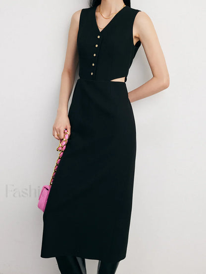 Solid Cut Out Trendy Buttoned Midi Vest Dress