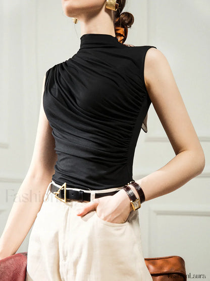 Solid Draped Graceful Crew Neck Top