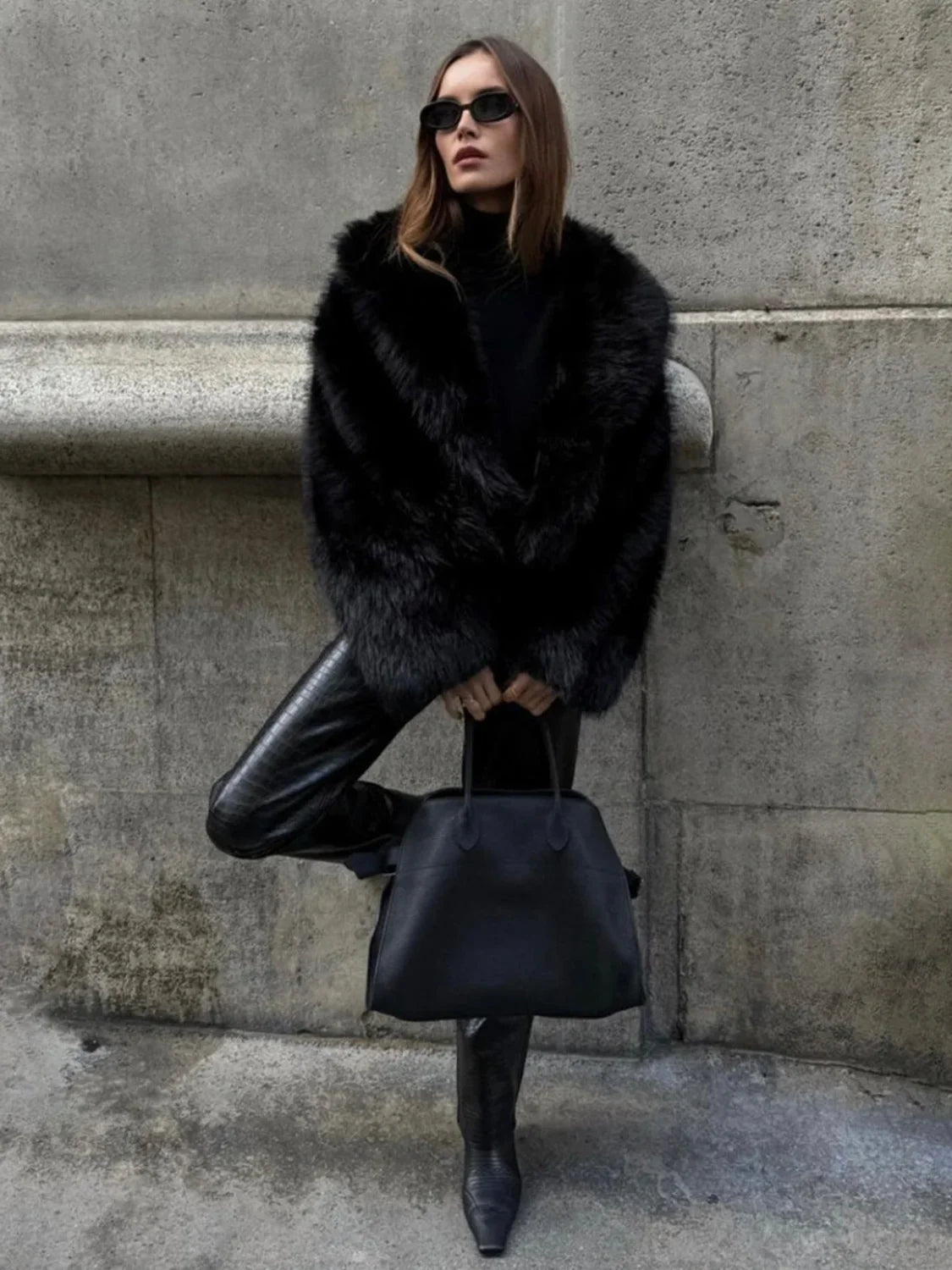 Solid Faux Graceful Fur Collar Jacket