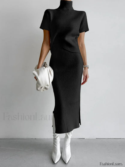 Solid High Neck Split Ribbed Classic Knit Two Pieces Skirt Set