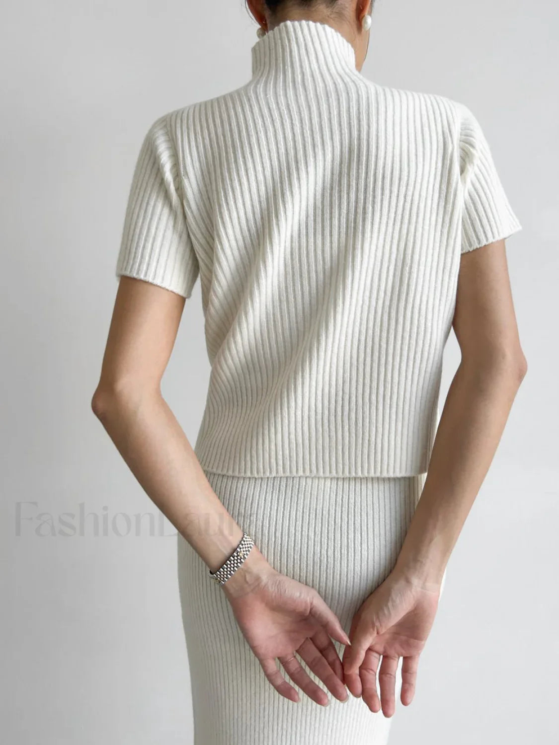 Solid High Neck Split Ribbed Classic Knit Two Pieces Skirt Set