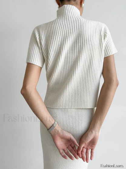 Solid High Neck Split Ribbed Classic Knit Two Pieces Skirt Set