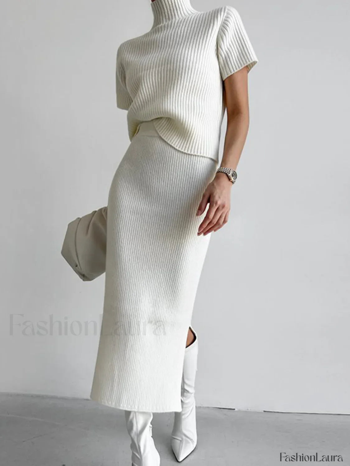 Solid High Neck Split Ribbed Classic Knit Two Pieces Skirt Set