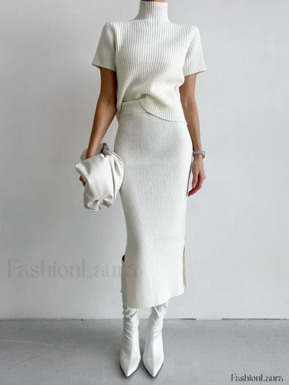 Solid High Neck Split Ribbed Classic Knit Two Pieces Skirt Set