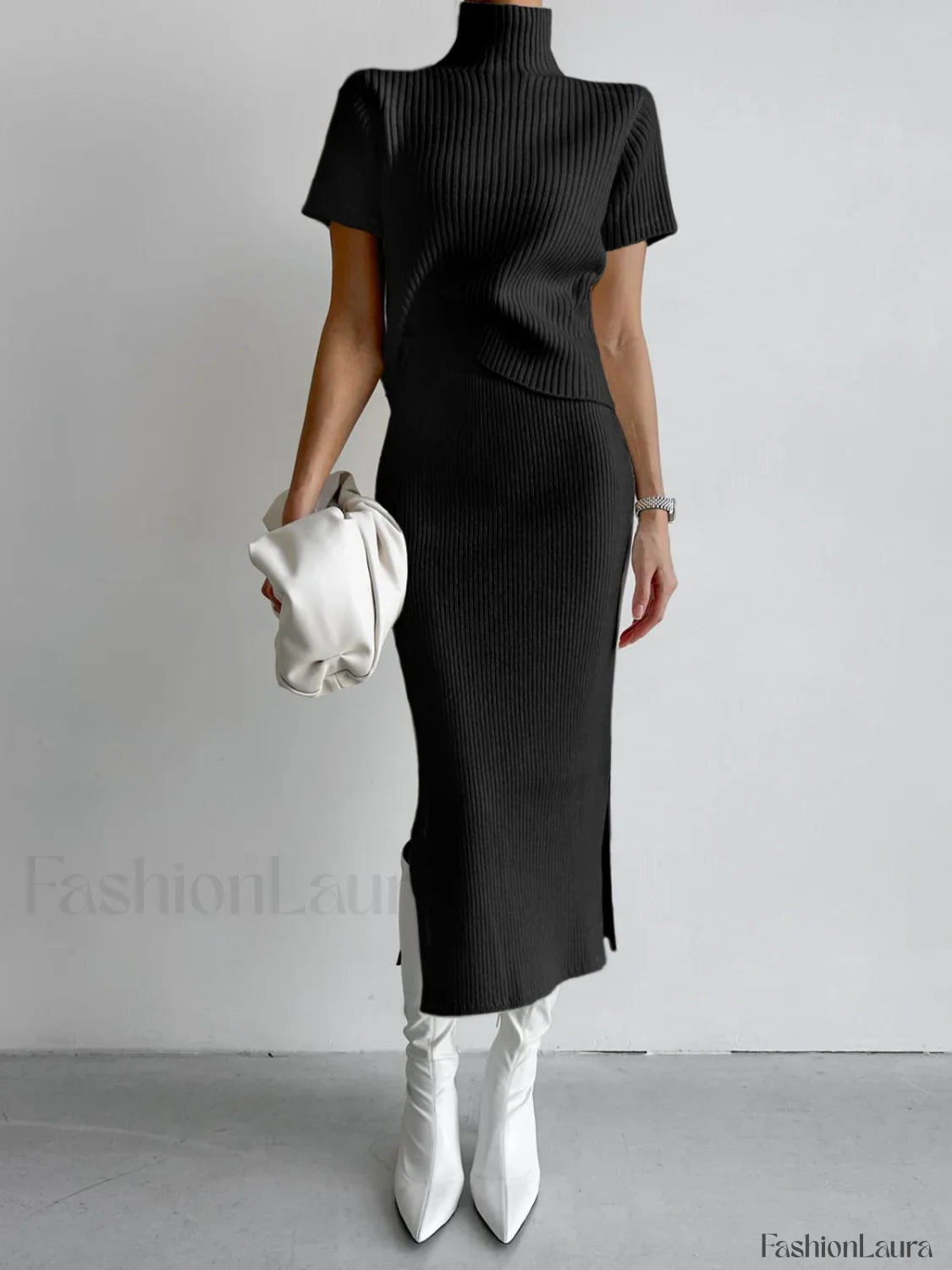 Solid High Neck Split Ribbed Knit Two Pieces Skirt Set