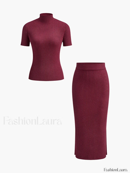 Solid High Neck Split Ribbed Knit Two Pieces Skirt Set
